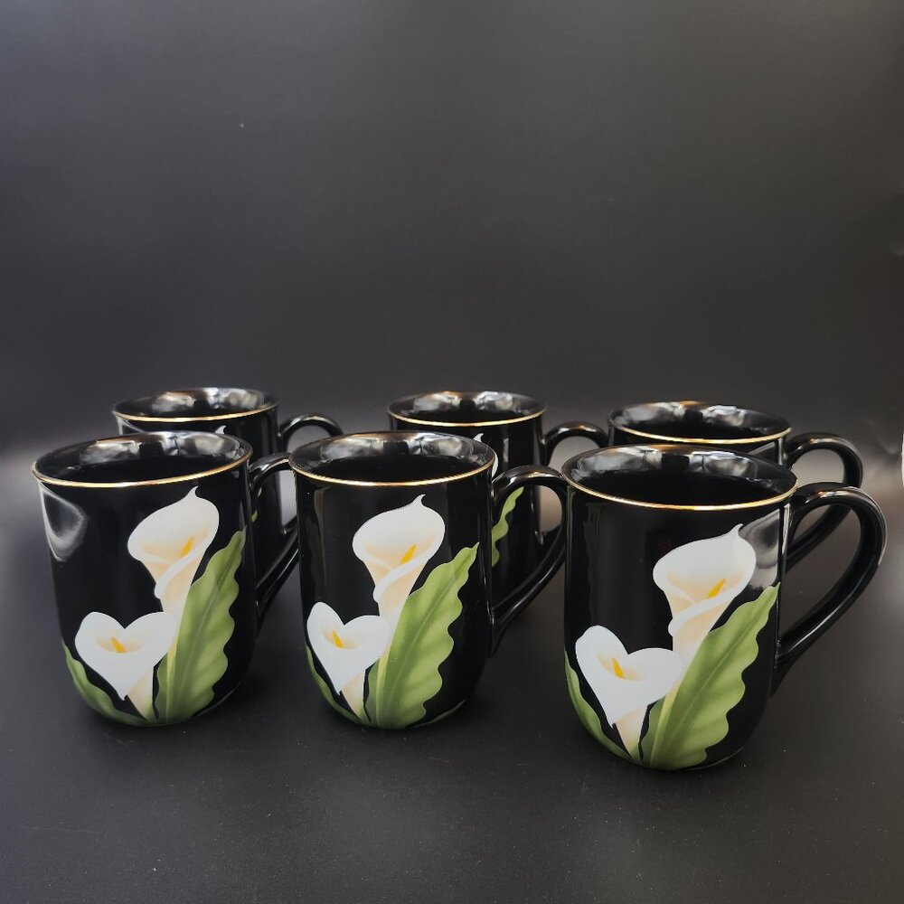 Vintage Otagiri "Cala Lily" Coffee Mugs(6) Black w Gold Trim EUC
